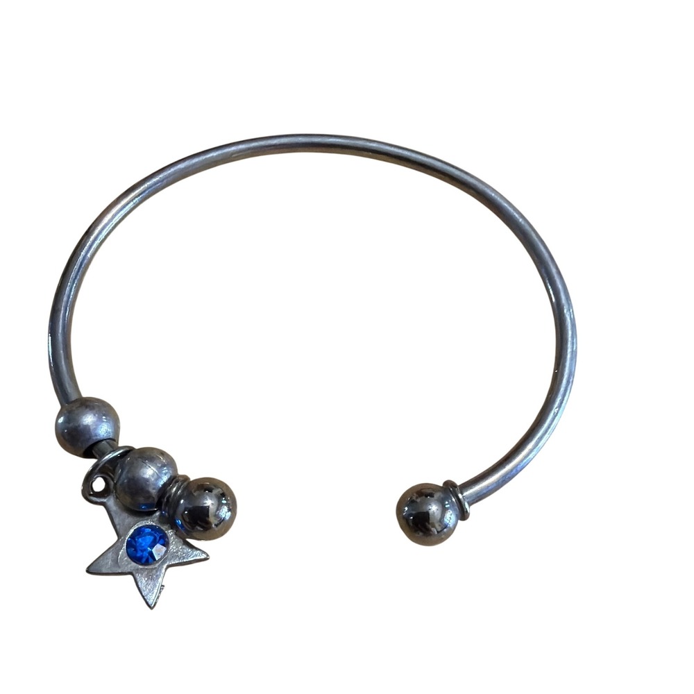 Silver Tone Star Charm Cuff Bracelet Blue Rhinestone Celestial Bangle